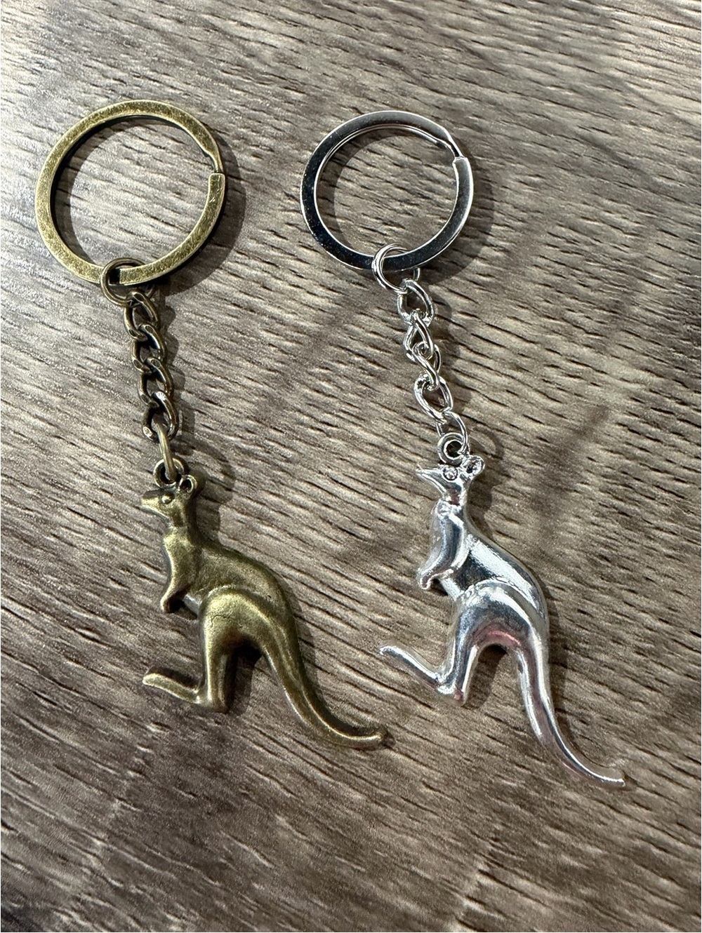 2 x Kangaroo Figure Keychain in Silver Tone and Brass Tone